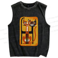Unisex Chopstick Cats Printed Washed Tank Top