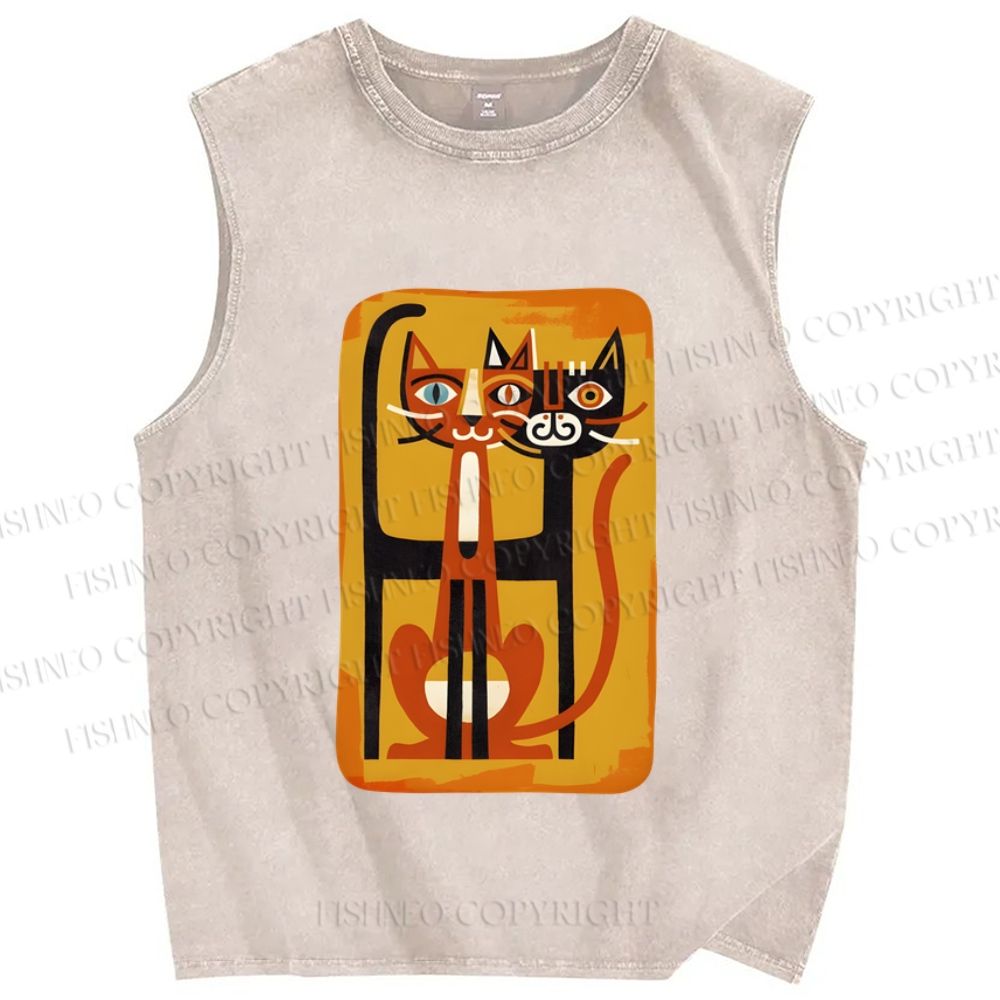 Unisex Chopstick Cats Printed Washed Tank Top