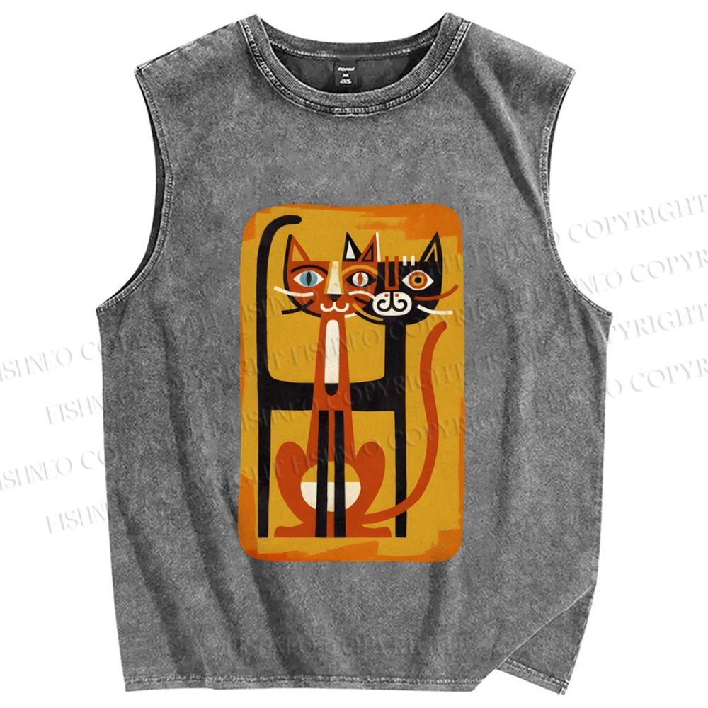 Unisex Chopstick Cats Printed Washed Tank Top