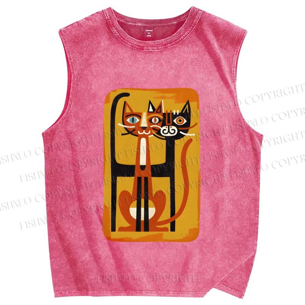 Unisex Chopstick Cats Printed Washed Tank Top