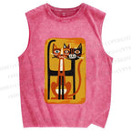 Unisex Chopstick Cats Printed Washed Tank Top