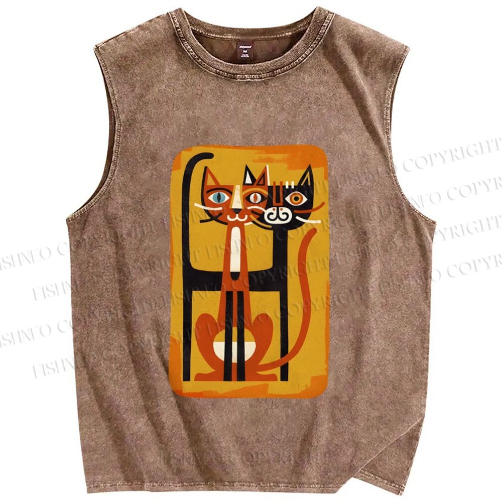 Unisex Chopstick Cats Printed Washed Tank Top