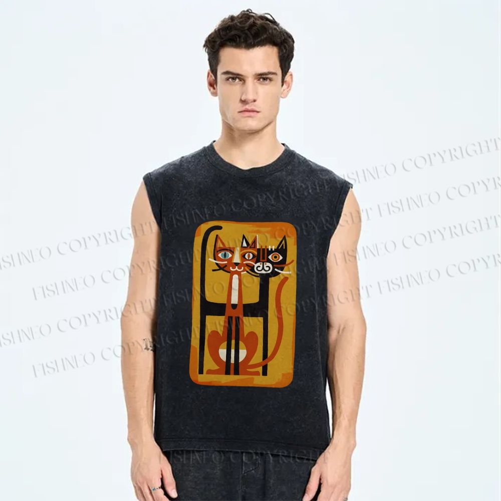 Unisex Chopstick Cats Printed Washed Tank Top