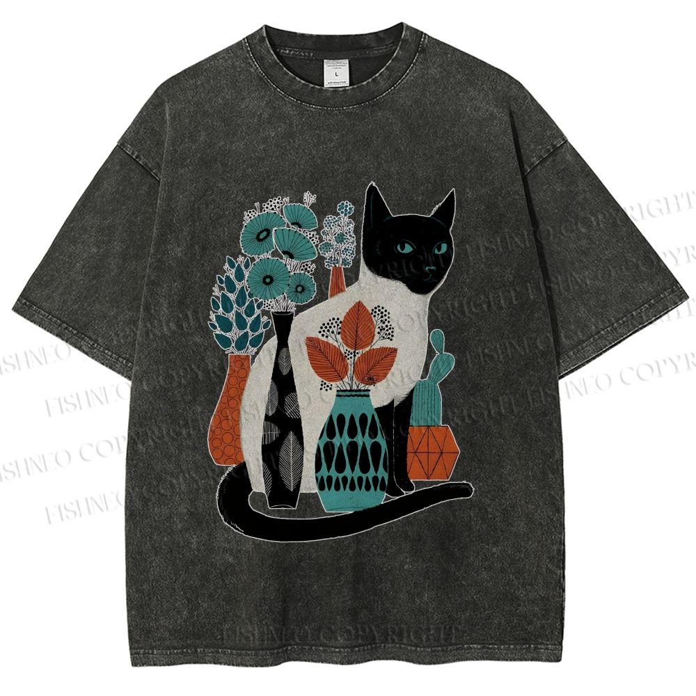 Unisex Cat With Vase Printed Washed Tee