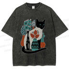 Unisex Cat With Vase Printed Washed Tee