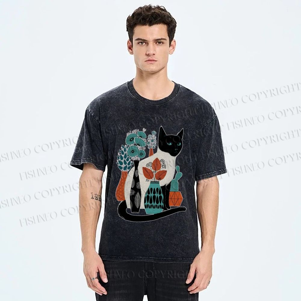 Unisex Cat With Vase Printed Washed Tee