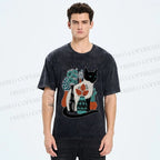 Unisex Cat With Vase Printed Washed Tee