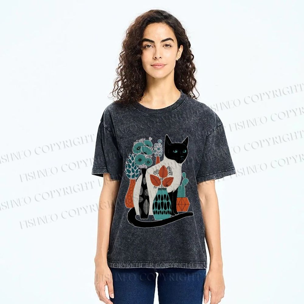 Unisex Cat With Vase Printed Washed Tee