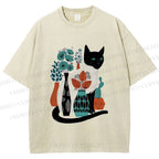 Unisex Cat With Vase Printed Washed Tee