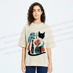 Unisex Cat With Vase Printed Washed Tee
