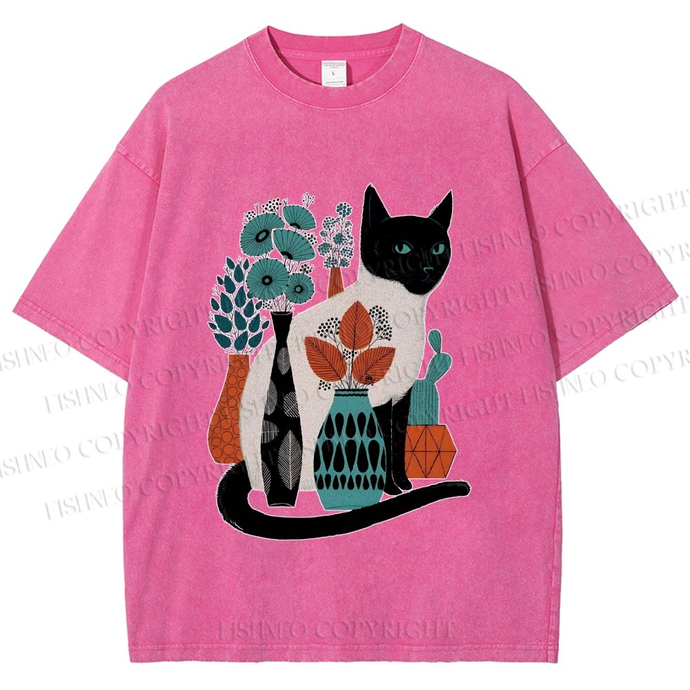 Unisex Cat With Vase Printed Washed Tee