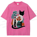 Unisex Cat With Vase Printed Washed Tee
