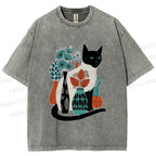 Unisex Cat With Vase Printed Washed Tee