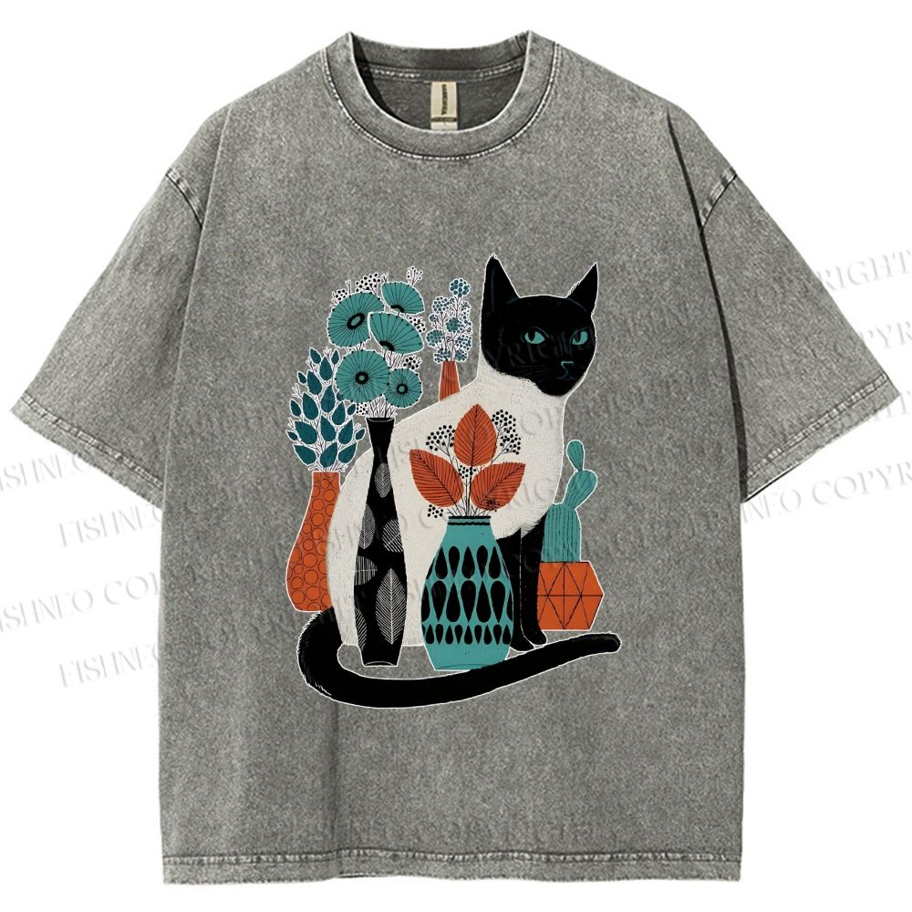 Unisex Cat With Vase Printed Washed Tee