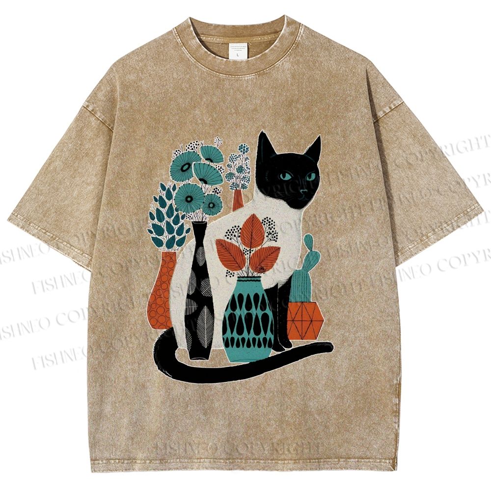 Unisex Cat With Vase Printed Washed Tee