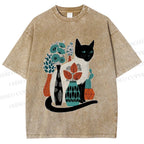 Unisex Cat With Vase Printed Washed Tee