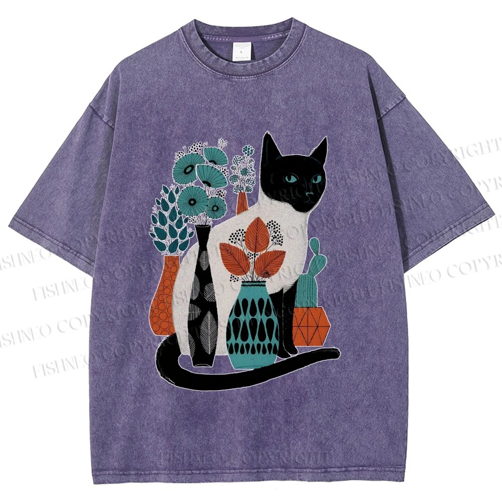 Unisex Cat With Vase Printed Washed Tee
