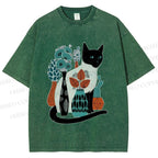 Unisex Cat With Vase Printed Washed Tee