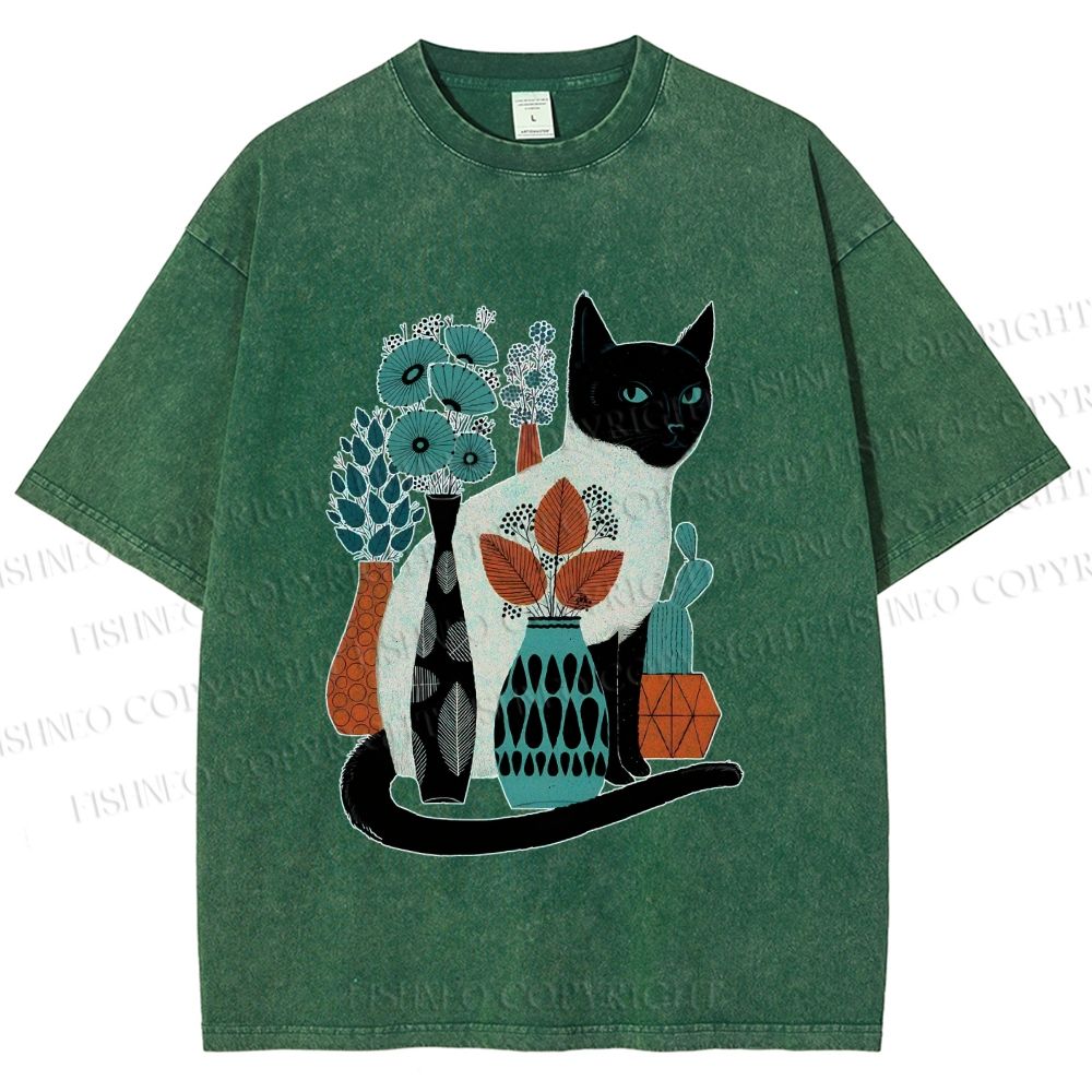 Unisex Cat With Vase Printed Washed Tee