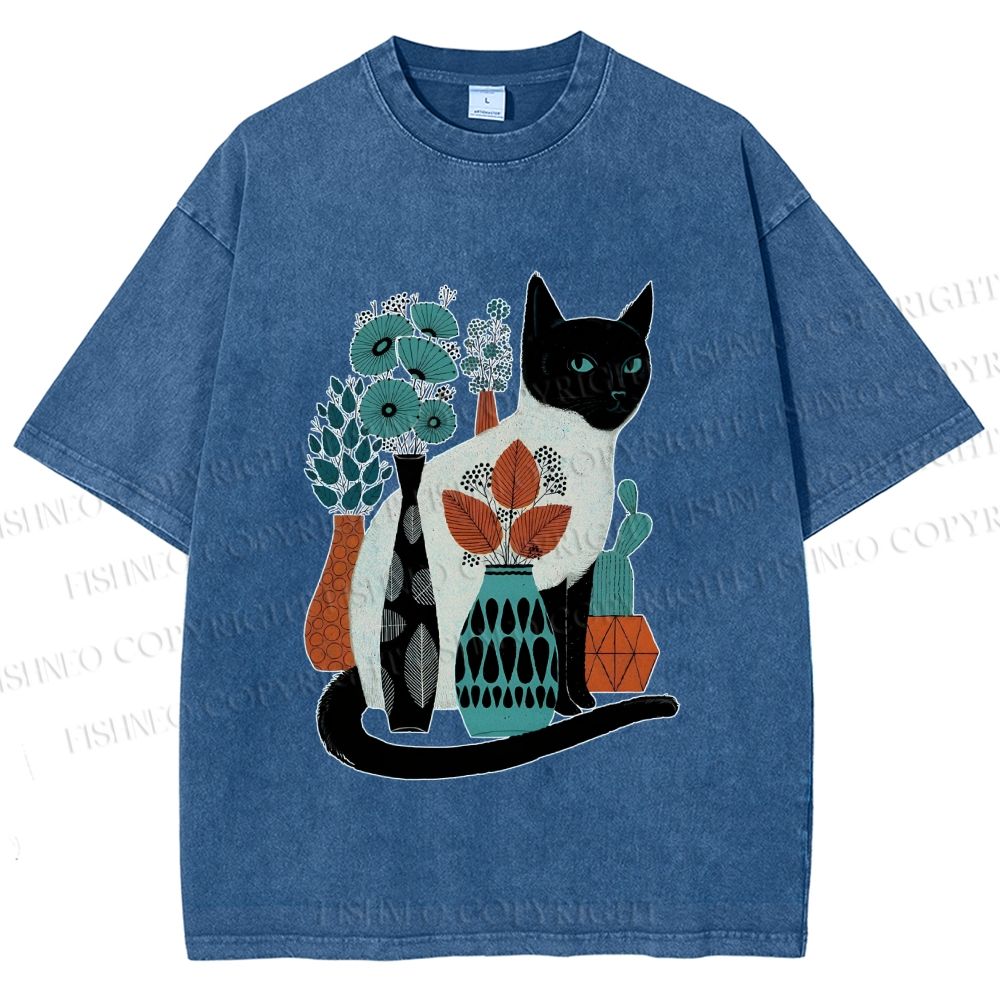 Unisex Cat With Vase Printed Washed Tee