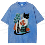Unisex Cat With Vase Printed Washed Tee