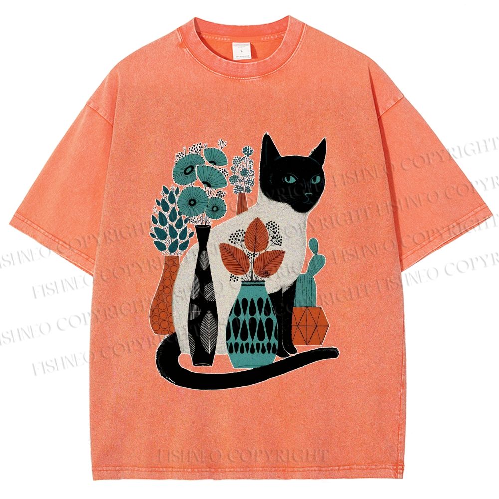 Unisex Cat With Vase Printed Washed Tee