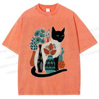 Unisex Cat With Vase Printed Washed Tee