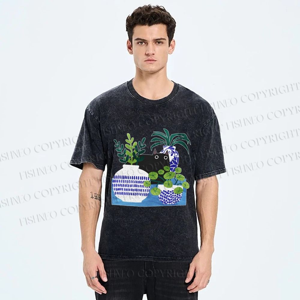 Unisex Black Cat With Vase Printed Washed Tee