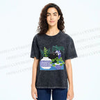 Unisex Black Cat With Vase Printed Washed Tee