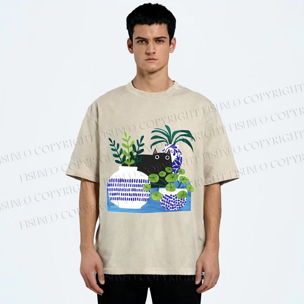Unisex Black Cat With Vase Printed Washed Tee
