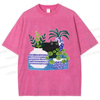 Unisex Black Cat With Vase Printed Washed Tee