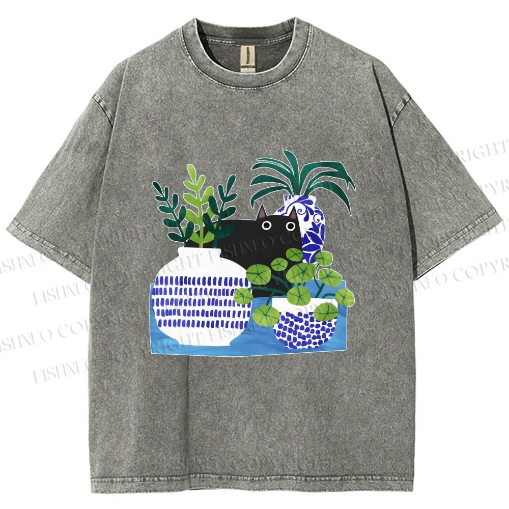 Unisex Black Cat With Vase Printed Washed Tee