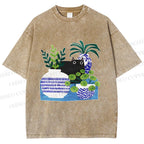 Unisex Black Cat With Vase Printed Washed Tee