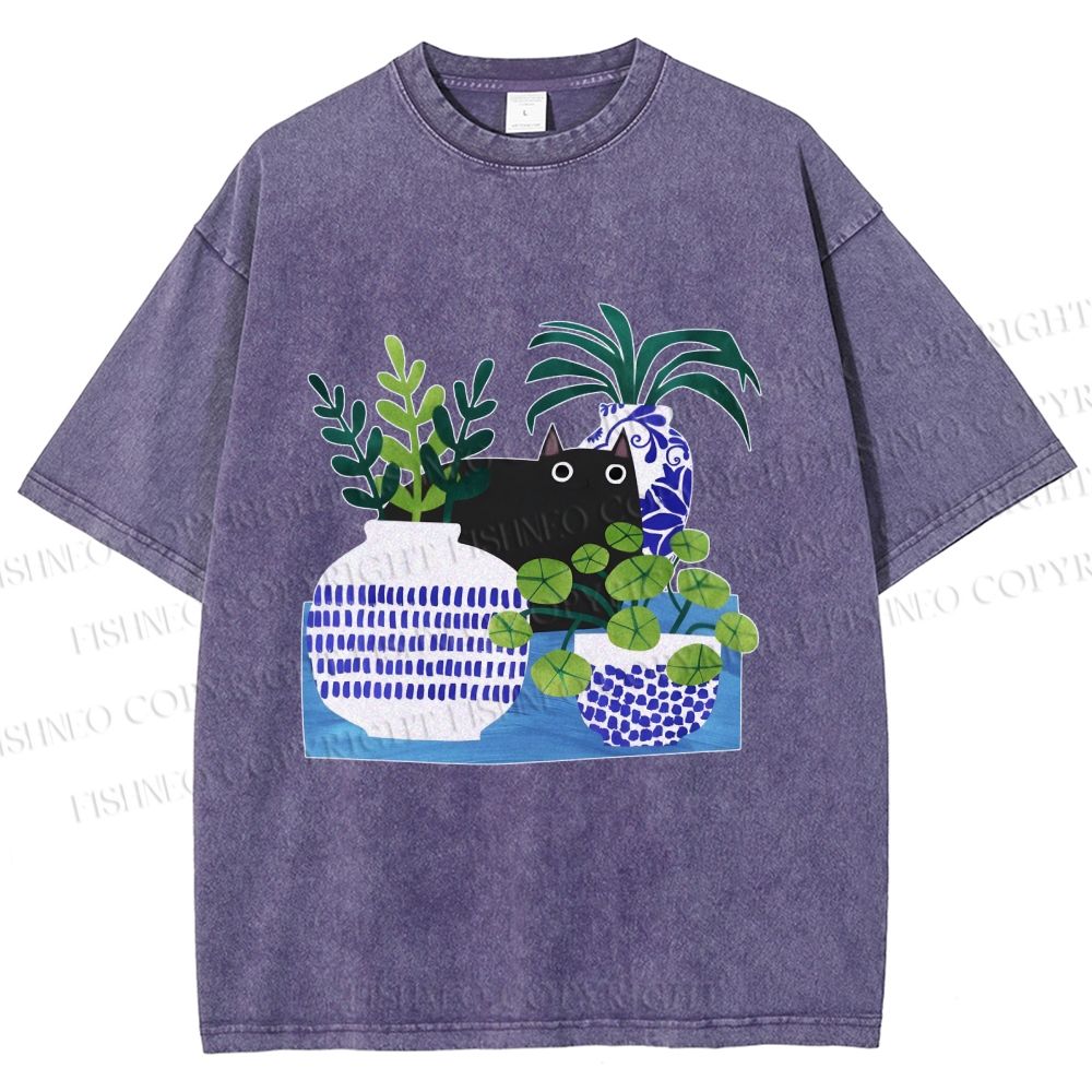 Unisex Black Cat With Vase Printed Washed Tee