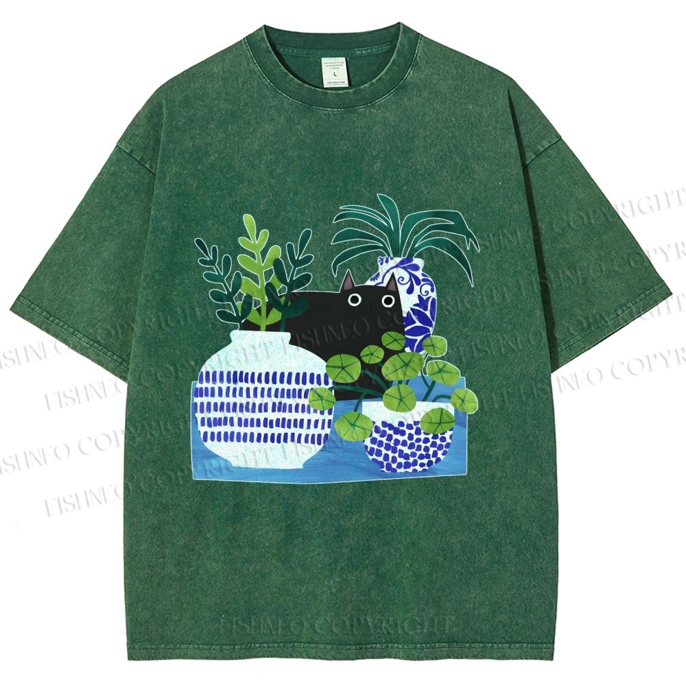 Unisex Black Cat With Vase Printed Washed Tee