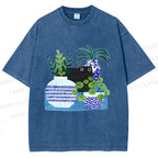 Unisex Black Cat With Vase Printed Washed Tee