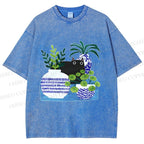 Unisex Black Cat With Vase Printed Washed Tee