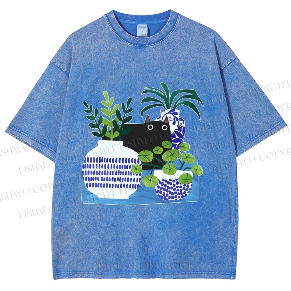 Unisex Black Cat With Vase Printed Washed Tee