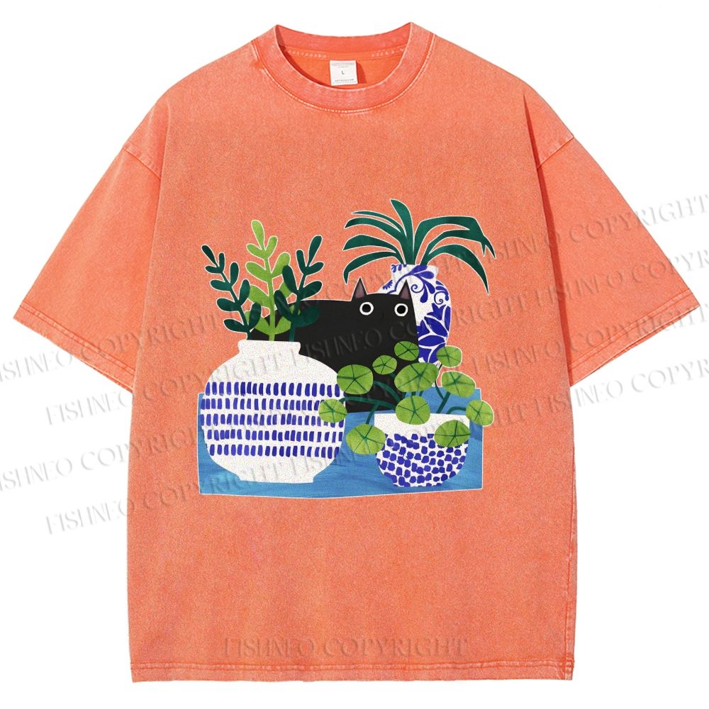 Unisex Black Cat With Vase Printed Washed Tee