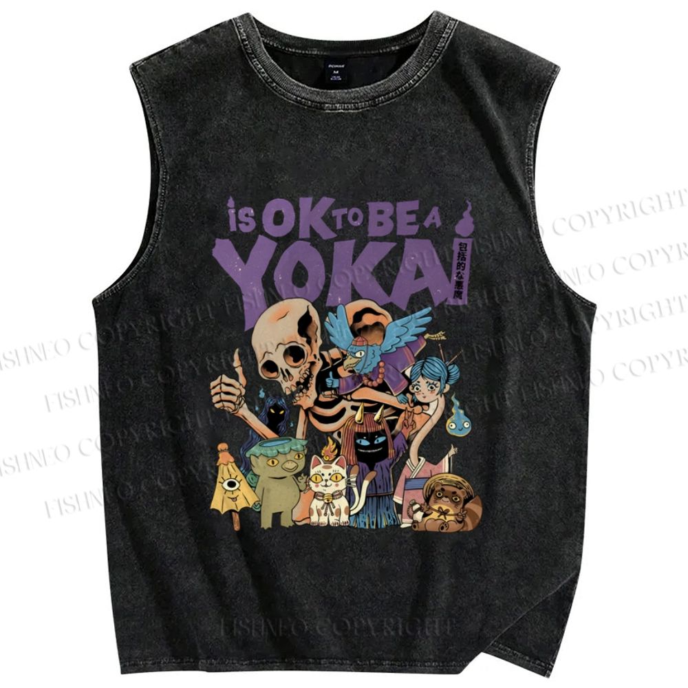 Unisex Ok yokai Vintage Printed Washed Tank Top