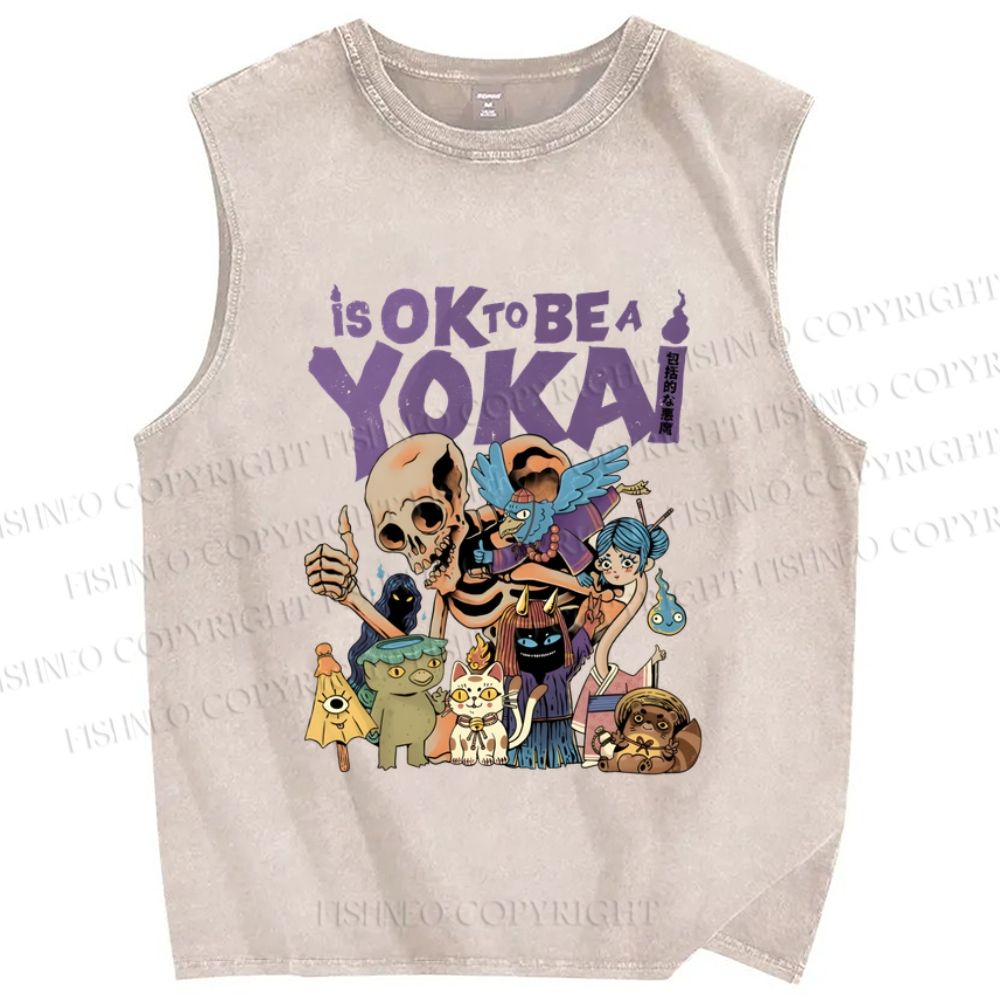 Unisex Ok yokai Vintage Printed Washed Tank Top