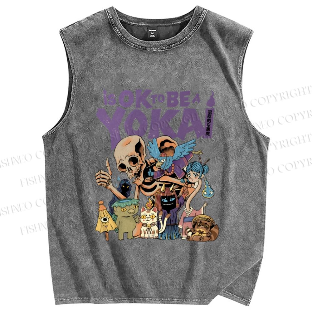 Unisex Ok yokai Vintage Printed Washed Tank Top