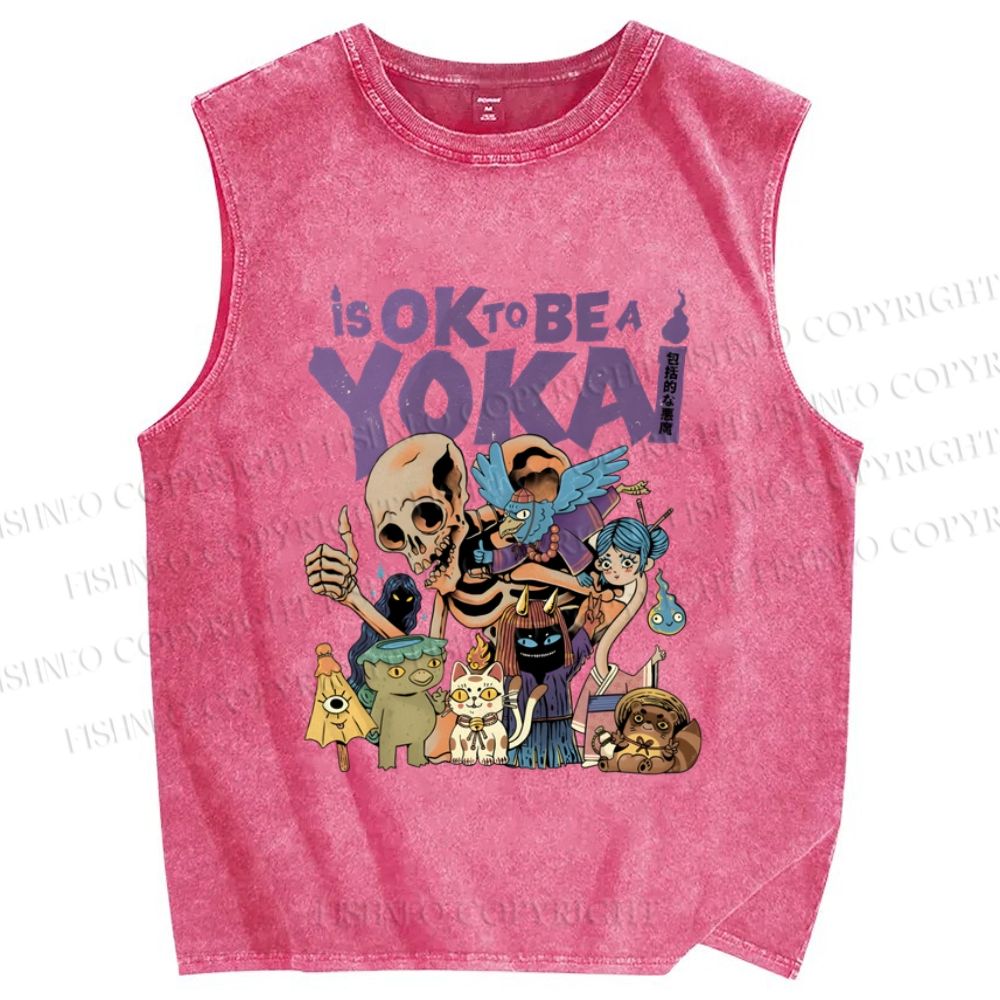 Unisex Ok yokai Vintage Printed Washed Tank Top