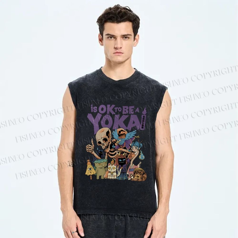 Unisex Ok yokai Vintage Printed Washed Tank Top