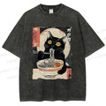 Unisex Kawaii Cat Eating Ramen Printed Washed Tee