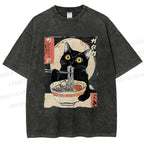 Unisex Kawaii Cat Eating Ramen Printed Washed Tee
