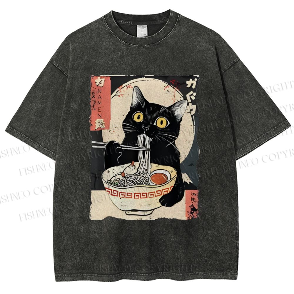 Unisex Kawaii Cat Eating Ramen Printed Washed Tee
