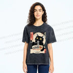 Unisex Kawaii Cat Eating Ramen Printed Washed Tee
