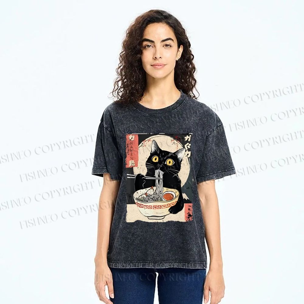 Unisex Kawaii Cat Eating Ramen Printed Washed Tee