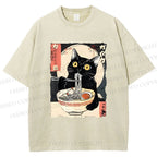 Unisex Kawaii Cat Eating Ramen Printed Washed Tee